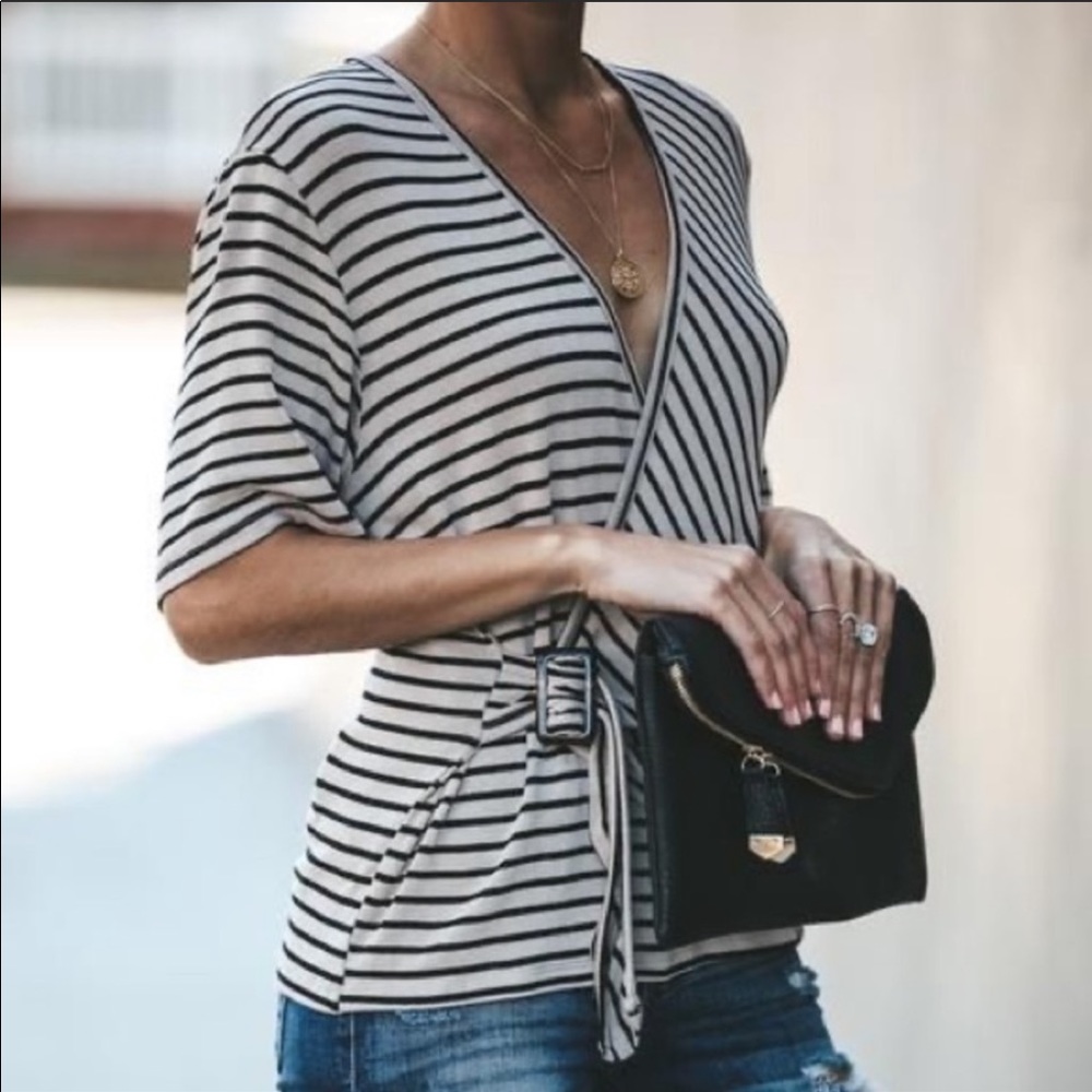 Vici- bailey striped knit belted wrap top